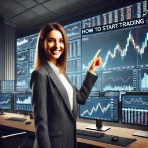 Professional Forex trading room with a smiling woman giving instructions on how to start trading. Multiple computer monitors display Forex charts and trade statistics, with a modern setup that includes a large central desk and sleek technology. Text in the center reads, 'How to start trading