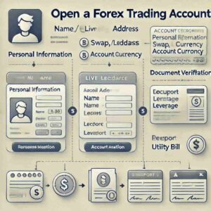 Visual guide to opening a Forex trading account, including steps like personal details, leverage selection, swap options, and account verification