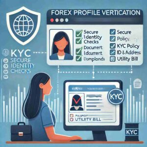 Young woman verifying Forex profile on computer, focusing on secure identity checks and KYC compliance for safe Forex trading