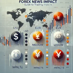 "Forex news impact chart showing USD, EUR, and JPY trading impacts categorized as high, medium, and low impact."