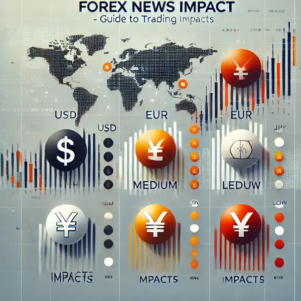 "Forex news impact chart showing USD, EUR, and JPY trading impacts categorized as high, medium, and low impact."