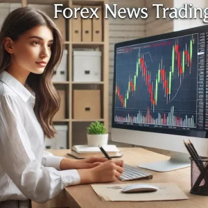 Forex News Trading: A young woman analyzing a volatile forex trading chart with big candlestick movements during a news release