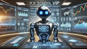 Futuristic Forex Robot with digital financial charts and the 'FXSchoolVIP' website in a high-tech trading environment Expert Advisor