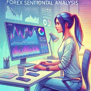 A young woman analyzing Forex Sentimental Analysis on her computer with charts, sentiment indicators, and market sentiment tools in a professional office setting