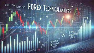 A professional illustration of Forex technical analysis with candlestick charts and trend lines