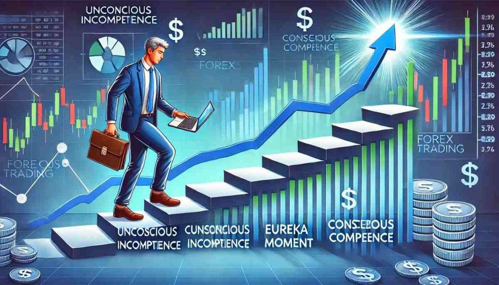 Steps to becoming a successful Forex trader – A visual representation of a trader climbing steps labeled Unconscious Incompetence, Conscious Incompetence, Eureka Moment, Conscious Competence, and Unconscious Competence, with financial symbols and charts in the background.