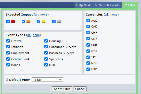 ForexFactory filter settings showing options to customize expected impacts, currencies, and event types for economic news
