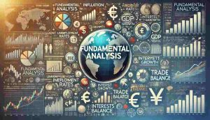 A detailed visual of fundamental analysis showing economic indicators like inflation, unemployment rates, GDP growth, interest rates, and trade balance around a globe