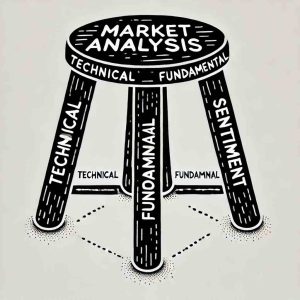 Three-legged stool representing market analysis with legs labeled Technical, Fundamental, and Sentiment