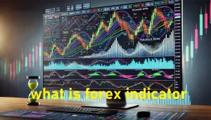 A professional Forex monitor displaying various trading indicators like Bollinger Bands, Moving Average, Parabolic SAR, RSI, and Stochastic Oscillator with the text "What is Forex Indicator" highlighted.