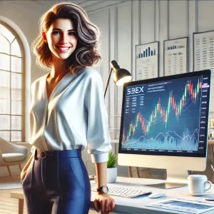 A young woman with a cheerful smile standing confidently in front of a desk with a computer displaying trading charts